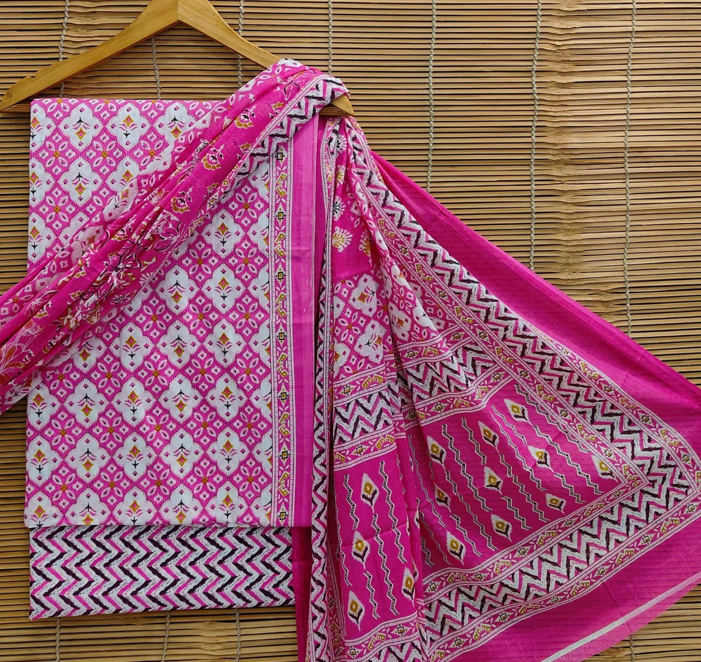 Handblock Printed Cotton Salwar Suit Set (Unstitched) with Cotton Dupatta – Bagrubazzar