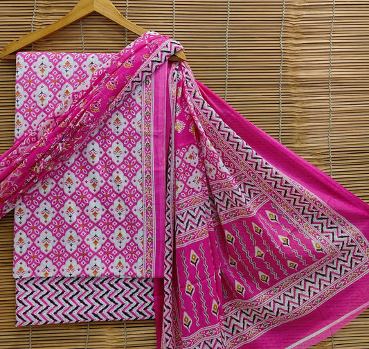 Handblock Printed Cotton Salwar Suit Set (Unstitched) with Cotton Dupatta – Bagrubazzar