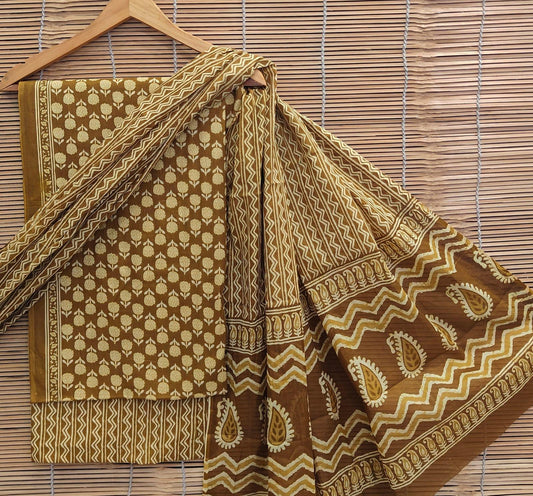 Bagrubazzar Bagru Handblock Printed Cotton Unstitched Suit Material with Cotton Dupatta