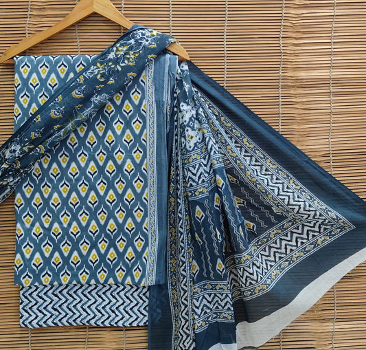 Ladies Unstitched Cotton Suit Set With Cotton Dupatta – Handblock Print by Bagrubazzar