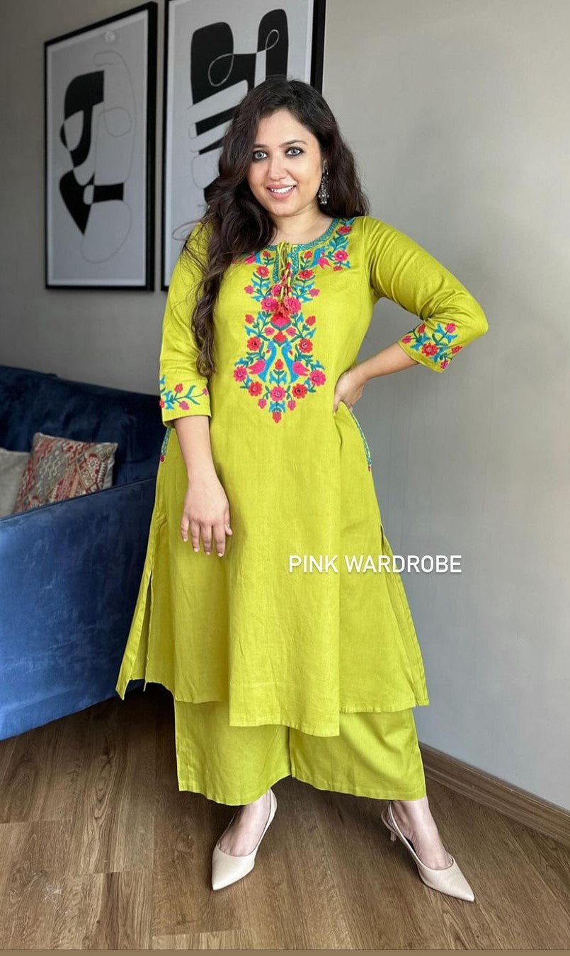 Bagrubazzar Festive Lemon Green Aari Work Kurta Palazzo Set with Bright Thread Embroidery