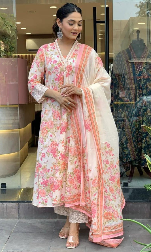 Bagrubazzar Cotton Mughal Butta Print Anarkali Kurti Pant Set with Printed Mul Cotton Dupatta for Women
