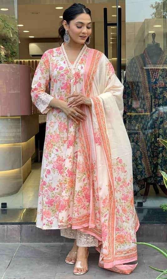 Bagrubazzar Cotton Mughal Butta Print Anarkali Kurti Pant Set with Printed Mul Cotton Dupatta for Women