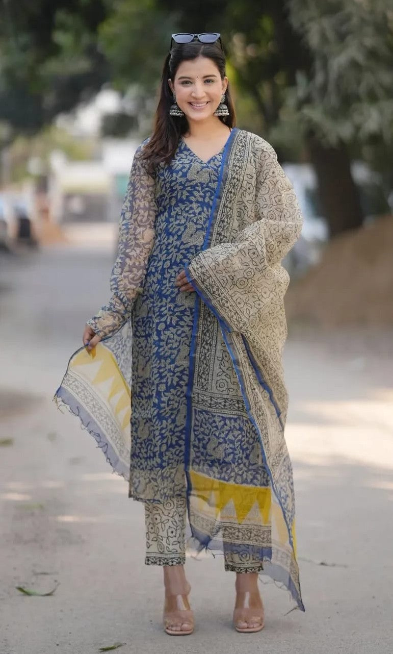 Bagrubazzar Women's Premium Kota Doria Suit Set with Kota Doria Dupatta & Cotton Pants
