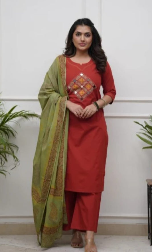 Bagrubazzar Women's Cotton Embroidered Kurta Pant Set with Dupatta