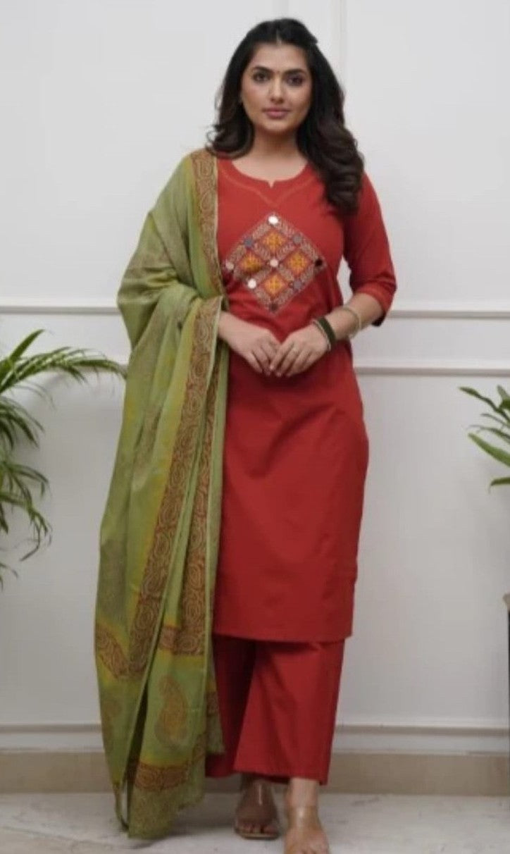 Bagrubazzar Women's Cotton Embroidered Kurta Pant Set with Dupatta