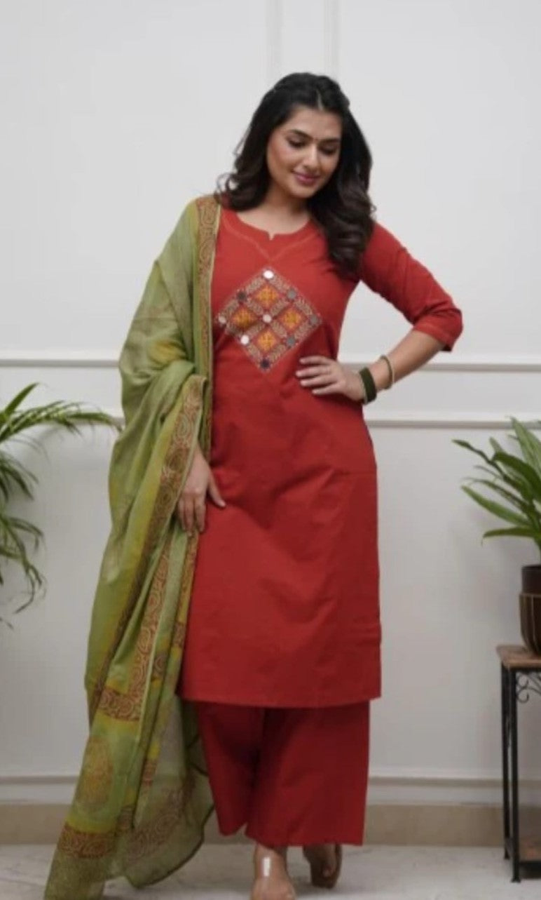 Bagrubazzar Women's Cotton Embroidered Kurta Pant Set with Dupatta