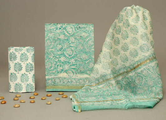 Authentic Jaipur Bagru Handblock Chanderi Unstitched Suit Set