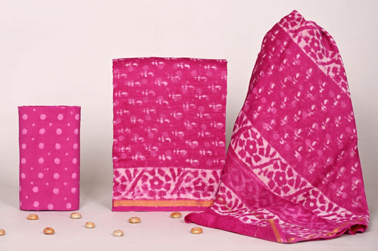 Designer Jaipur Handblock Print Chanderi Unstitched Suit Set with Dupatta