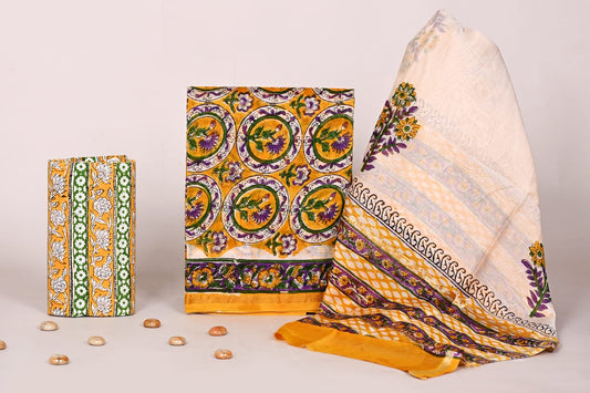 Traditional Handblock Jaipur Print Chanderi Unstitched Suit Set for Women