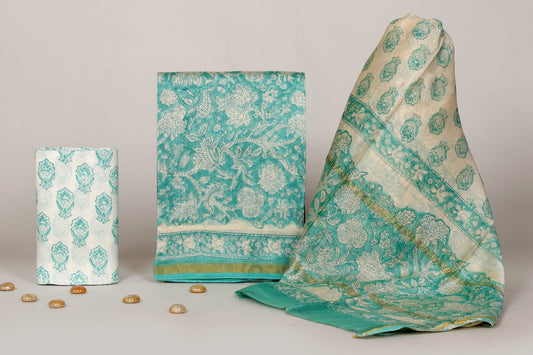 Elegant Hand Block Print Chanderi Unstitched Suit Set – Jaipur Ethnic Collection