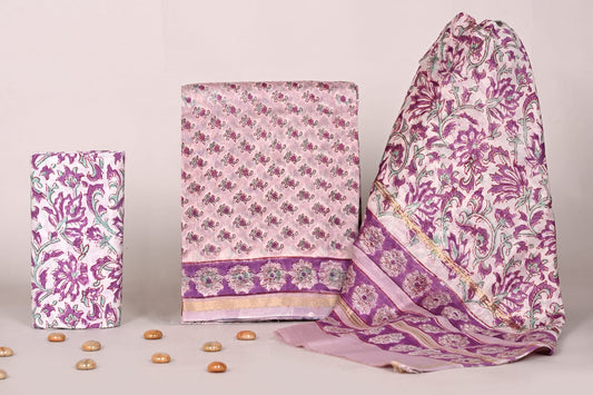 Designer Handblock Print Chanderi Unstitched Suit Set for Women
