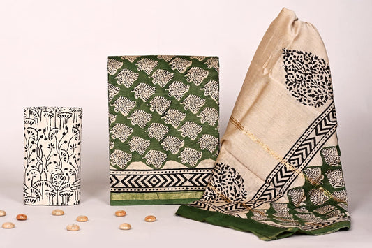Bagrubazzar Ethnic Handblock Print Chanderi Silk Suit Fabric with Dupatta (Unstitched)