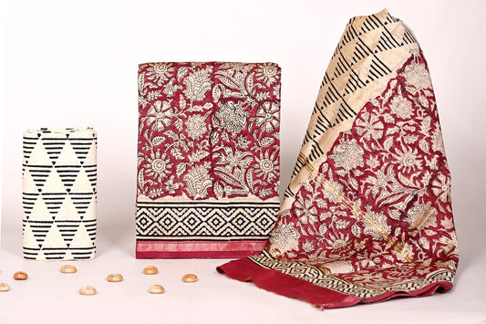 Bagrubazzar Traditional Indian Handblock Print Chanderi Silk Suit Material with Dupatta