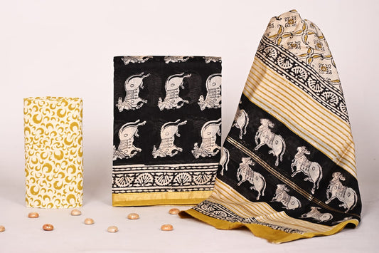 Bagrubazzar Ethnic Wear Handblock Print Chanderi Silk Unstitched Suit Set with Dupatta