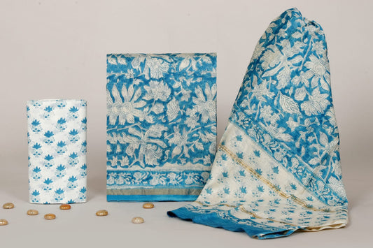 Bagrubazzar Traditional Handblock Print Chanderi Silk Unstitched Dress Material with Dupatta