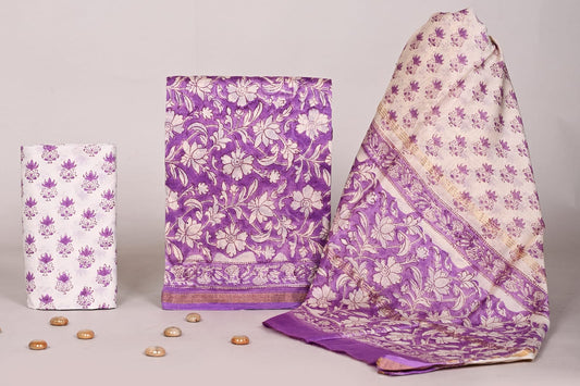 Bagrubazzar Women Handblock Printed Chanderi Silk Suit Set Unstitched with Dupatta