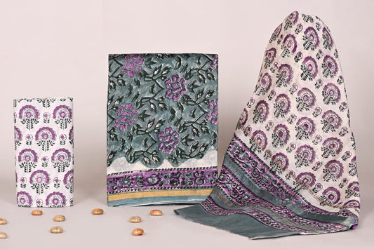 Bagrubazzar Designer Handblock Print Chanderi Silk Dress Material with Dupatta (Unstitched)
