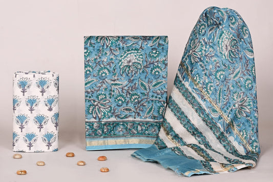 Jaipur Sanganeri Handblock Printed Chanderi Suit Set – Unstitched Dress Material for Women