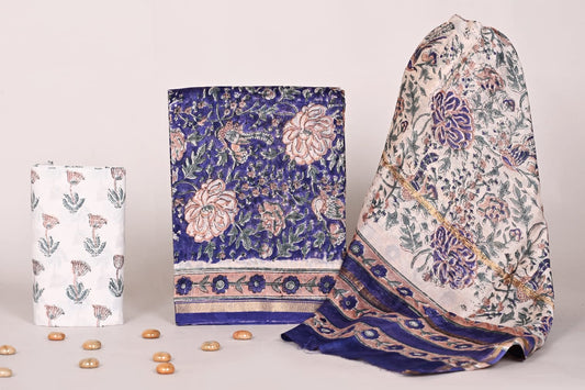 Premium Sanganeri Hand Block Printed Chanderi Unstitched Suit Set with Dupatta