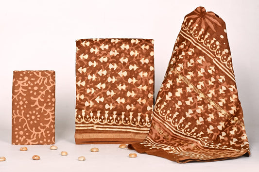 Sanganeri Hand Block Print Chanderi Unstitched Suit Set for Women with Dupatta