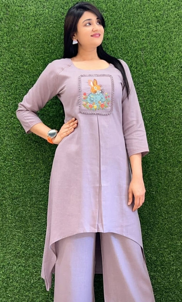 Bagrubazzar Premium Cotton Slub Embroidered Kurta Set with Lace Detail & Pocket Trousers