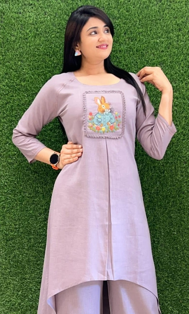 Bagrubazzar Premium Cotton Slub Embroidered Kurta Set with Lace Detail & Pocket Trousers