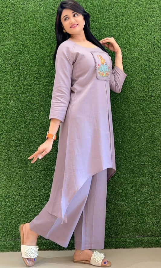Bagrubazzar Premium Cotton Slub Embroidered Kurta Set with Lace Detail & Pocket Trousers