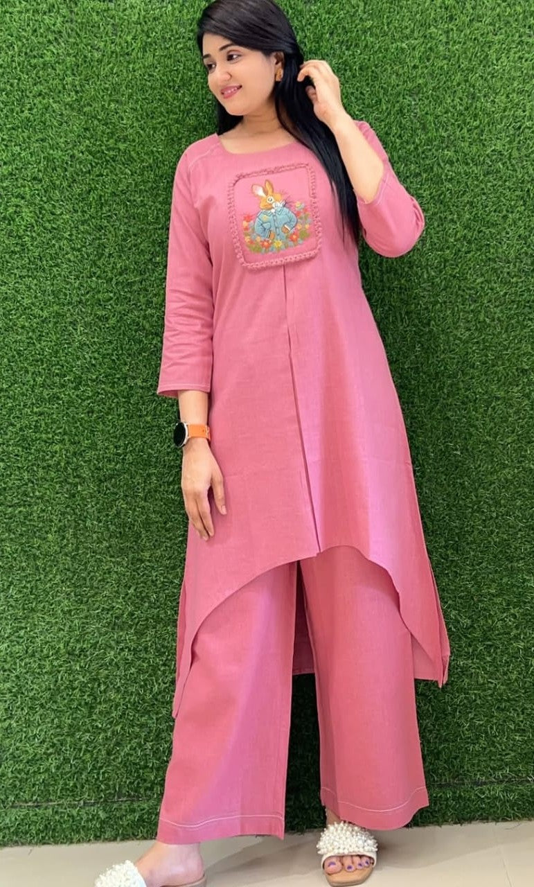 Bagrubazzar Cotton Slub Embroidered Tunic Kurta with Pocket Trousers for Women