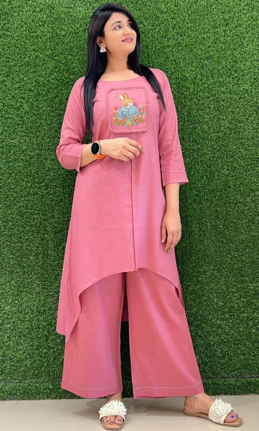 Bagrubazzar Cotton Slub Embroidered Tunic Kurta with Pocket Trousers for Women