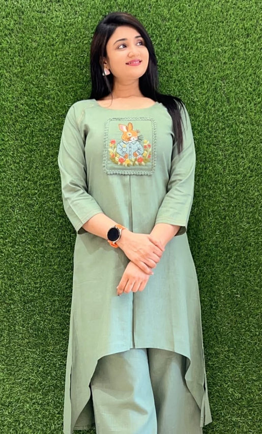 Bagrubazzar Women's Cotton Slub Designer Embroidered Tunic Kurta Pant Set