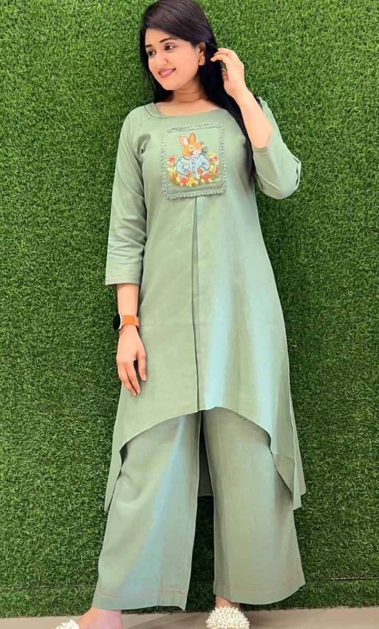 Bagrubazzar Women's Cotton Slub Designer Embroidered Tunic Kurta Pant Set