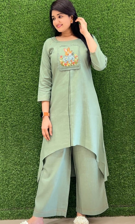 Bagrubazzar Women's Cotton Slub Designer Embroidered Tunic Kurta Pant Set