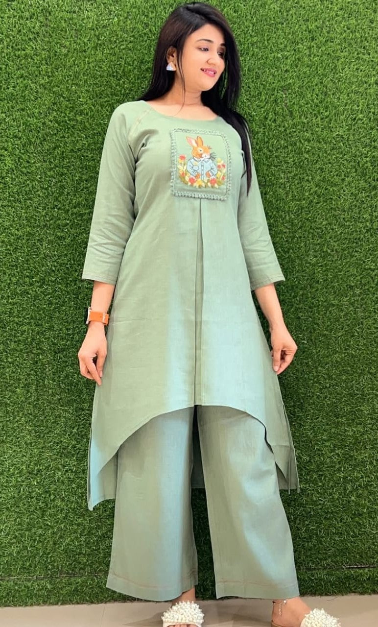 Bagrubazzar Women's Cotton Slub Designer Embroidered Tunic Kurta Pant Set