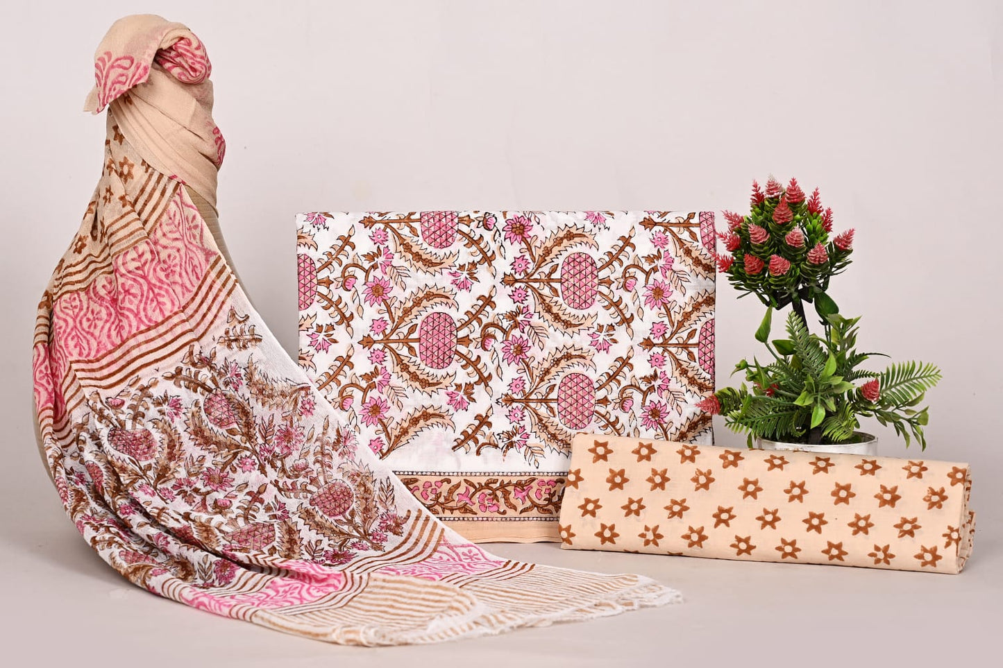 Premium Hand Block Printed Cotton Suit with Chiffon Dupatta – Unstitched Salwar Suit for Women