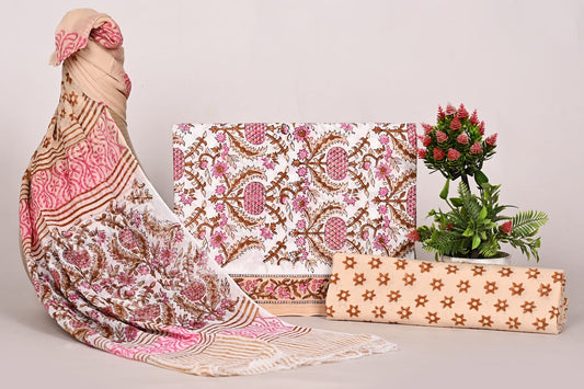 Premium Hand Block Printed Cotton Suit with Chiffon Dupatta – Unstitched Salwar Suit for Women