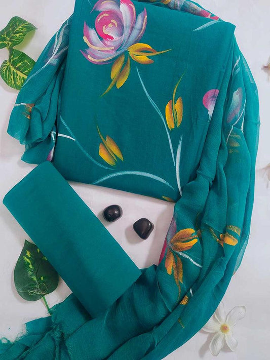 Premium Jaipuri Handblock Cotton Suit Unstitched with Designer Chiffon Dupatta