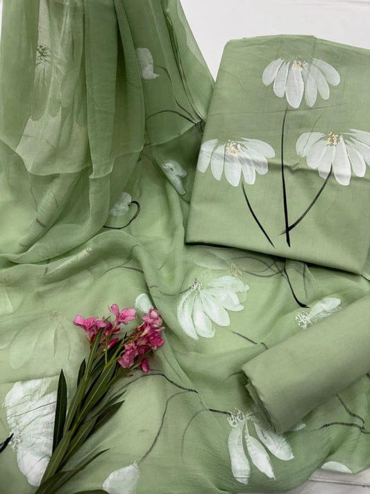 Jaipuri Handblock Printed Unstitched Cotton Suit with Chiffon Dupatta for Women