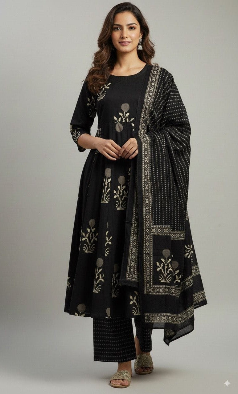Bagrubazzar Women's Stylish Pure Cotton Anarkali Kurta Set with Elegant Discharge Print