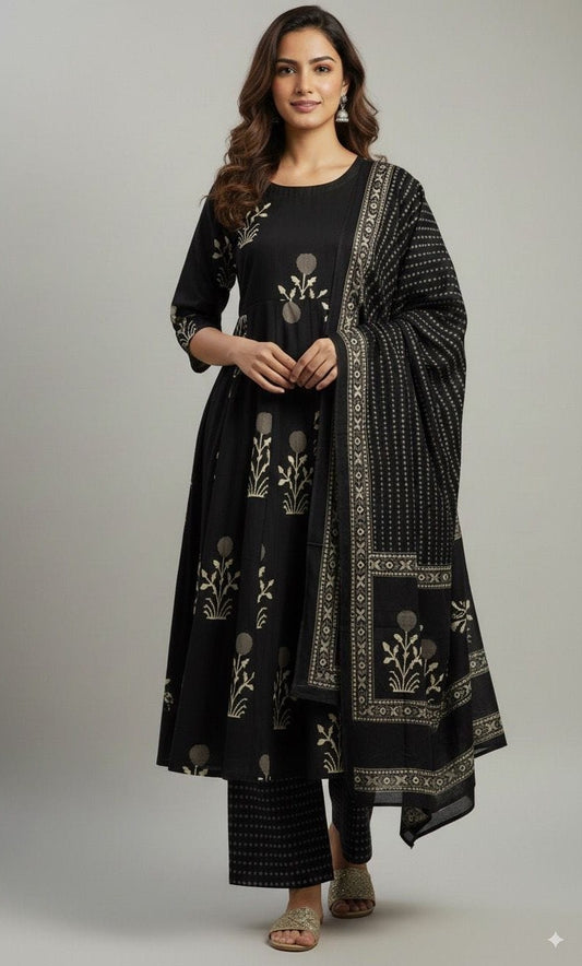 Bagrubazzar Women's Stylish Pure Cotton Anarkali Kurta Set with Elegant Discharge Print