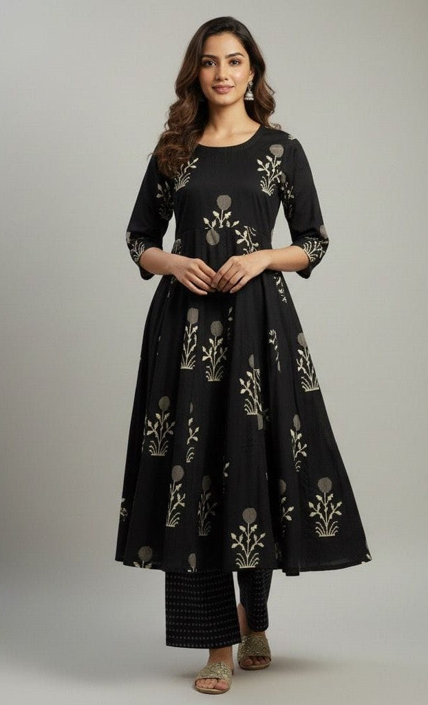Bagrubazzar Women's Stylish Pure Cotton Anarkali Kurta Set with Elegant Discharge Print