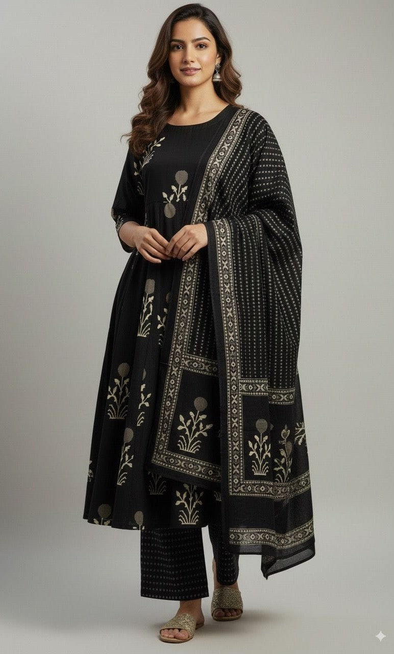 Bagrubazzar Women's Stylish Pure Cotton Anarkali Kurta Set with Elegant Discharge Print