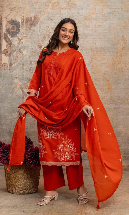 Bagrubazzar Premium Fine Cotton Kurti Pant Set with Embroidery Work & Cotton Dupatta