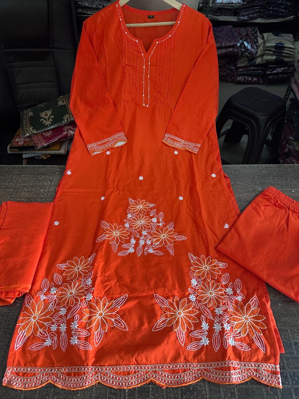 Bagrubazzar Premium Fine Cotton Kurti Pant Set with Embroidery Work & Cotton Dupatta