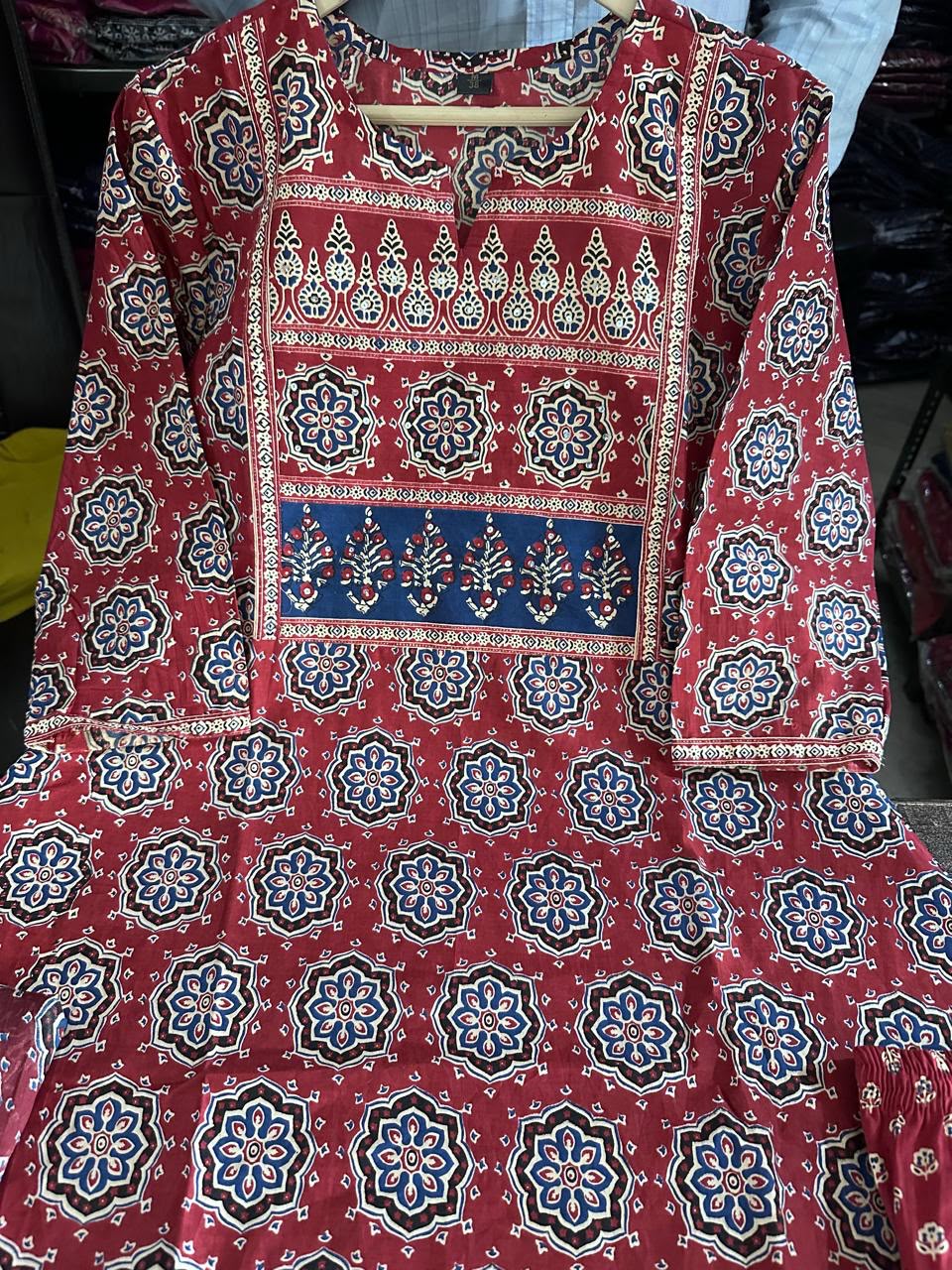 Womens Printed Cotton Anarkali Kurta Pant Dupatta Set Bagrubazzar