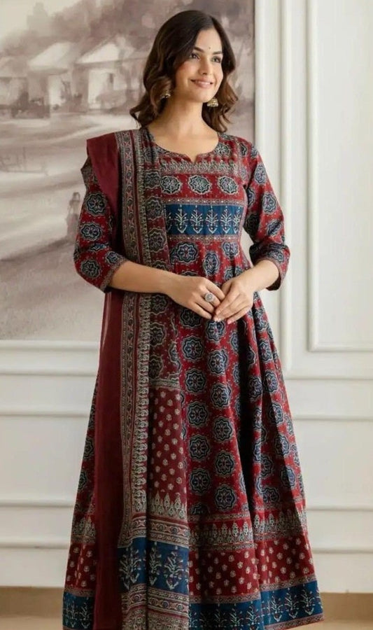 Womens Printed Cotton Anarkali Kurta Pant Dupatta Set Bagrubazzar