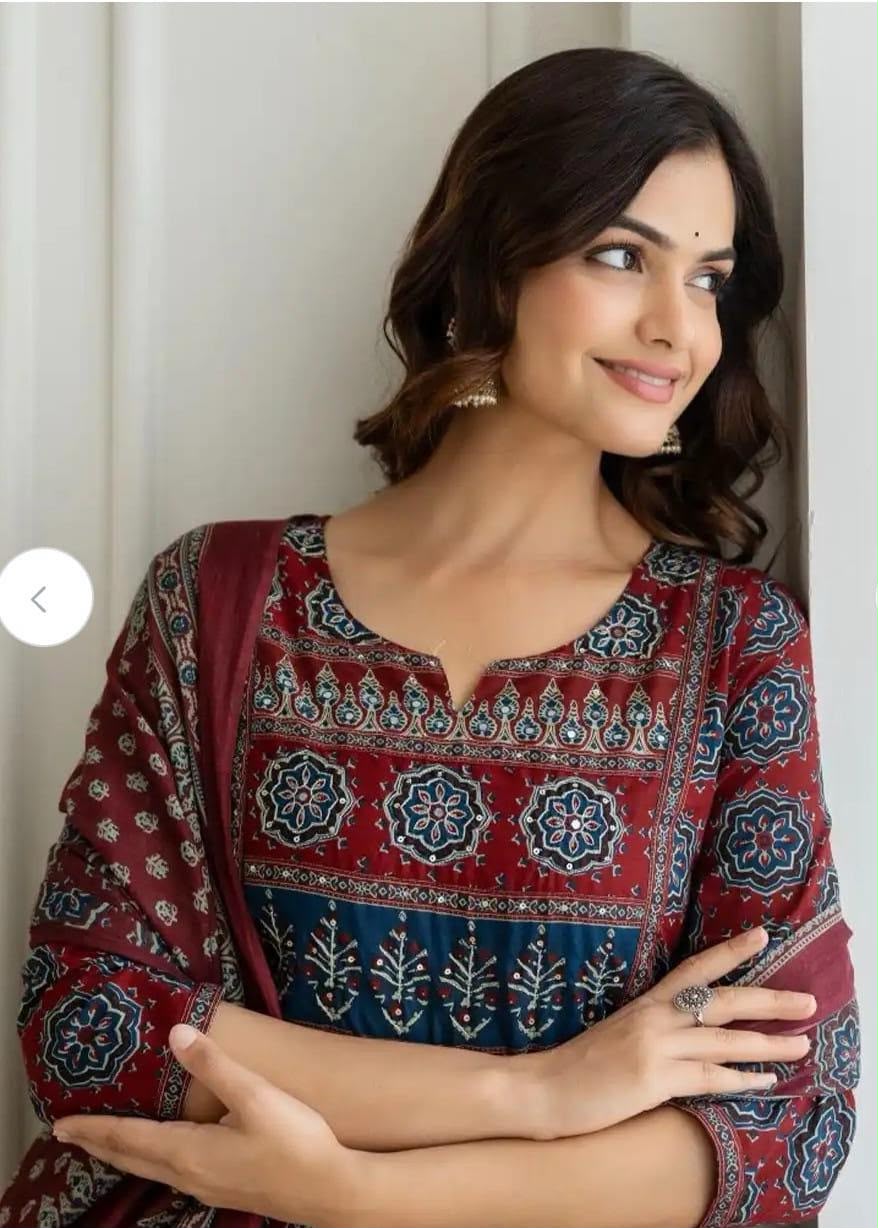 Womens Printed Cotton Anarkali Kurta Pant Dupatta Set Bagrubazzar