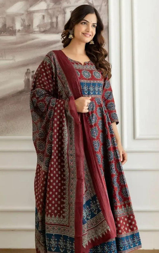 Womens Printed Cotton Anarkali Kurta Pant Dupatta Set Bagrubazzar