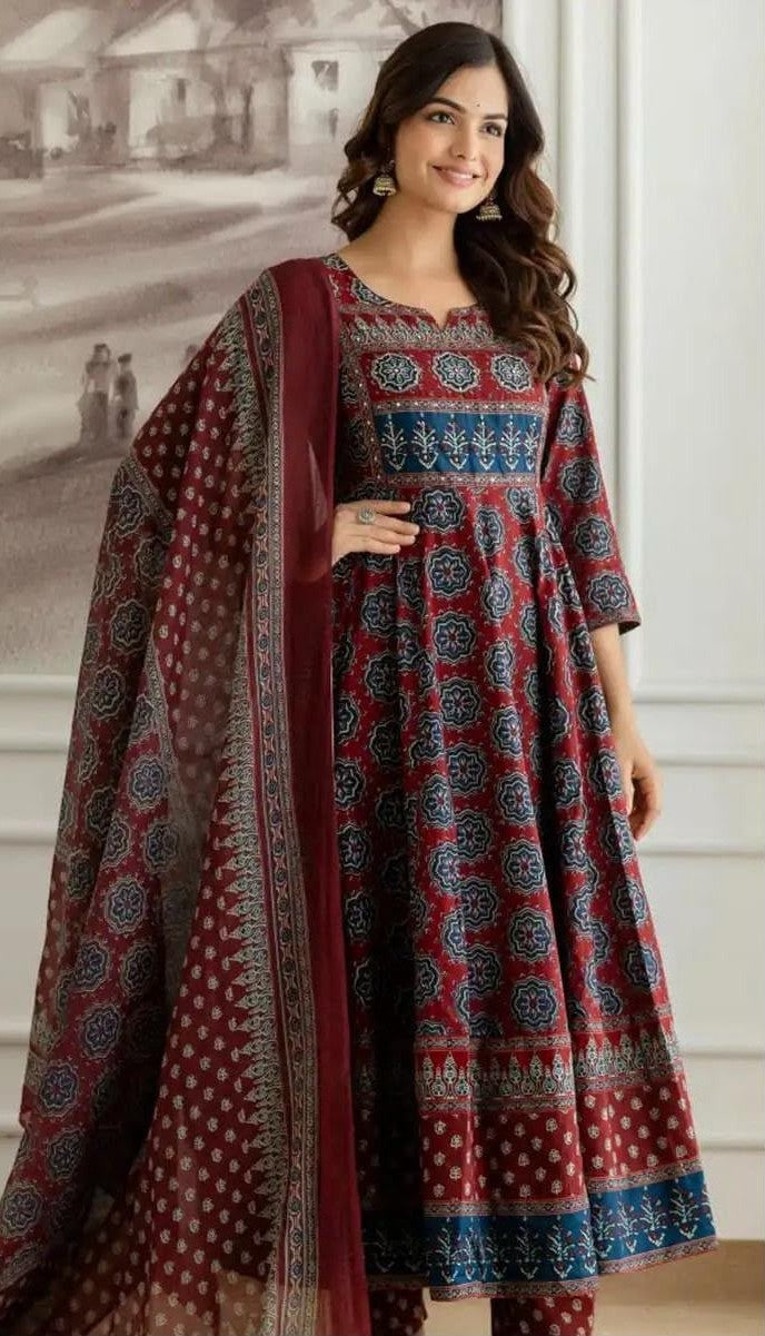 Womens Printed Cotton Anarkali Kurta Pant Dupatta Set Bagrubazzar