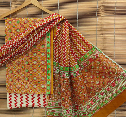 Bagrubazzar Hand Brush Painted Cotton Suit Set Unstitched with Cotton Dupatta (BBCOTCO64)
